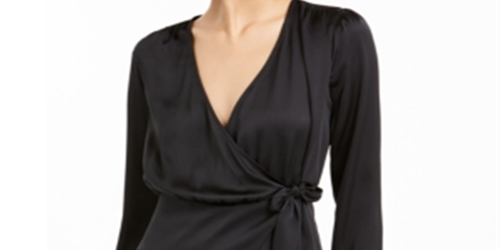 BAR III Blusa feminina manga comprida gola V falso envelope para usar no trabalho, preta, tamanho M