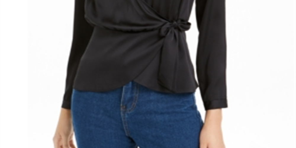 BAR III Blusa feminina manga comprida gola V falso envelope para usar no trabalho, preta, tamanho M