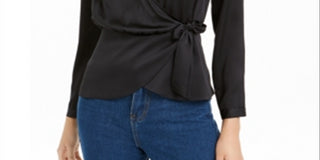 BAR III Blusa feminina manga comprida gola V falso envelope para usar no trabalho, preta, tamanho M