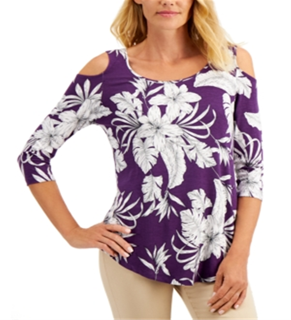 Blusa feminina com estampa floral e ombros descobertos, roxa, tamanho médio, da coleção JM