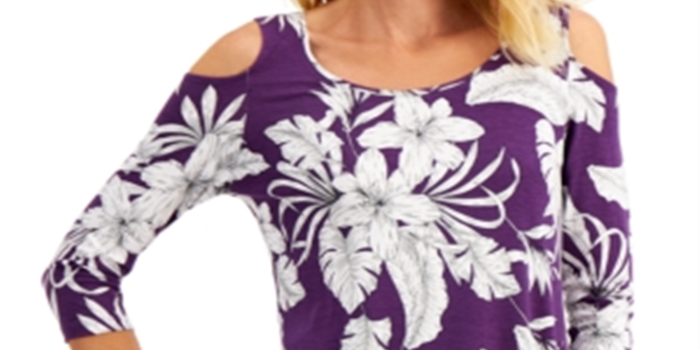 Blusa feminina com estampa floral e ombros descobertos, roxa, tamanho médio, da coleção JM