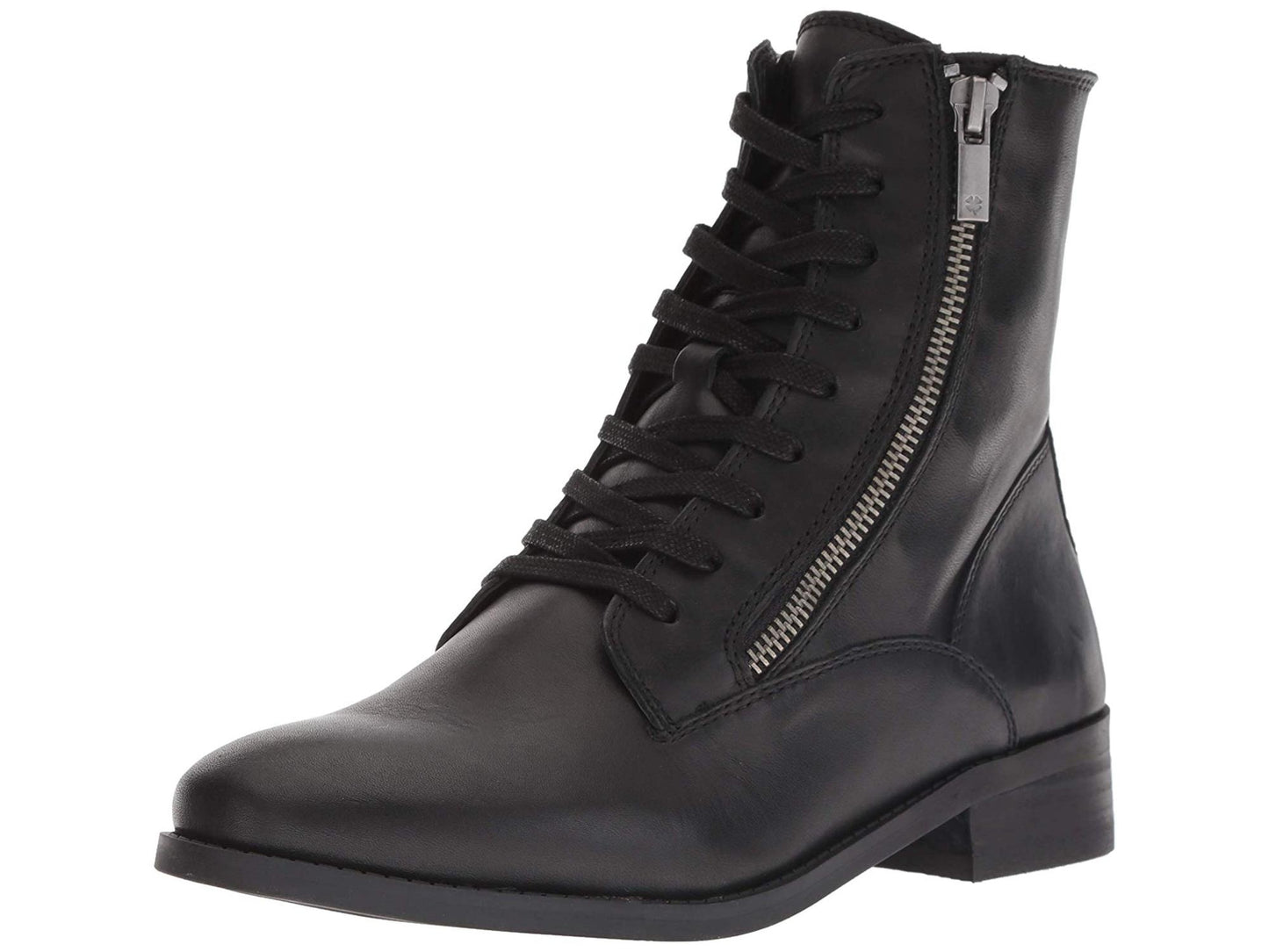 Botas femininas Lucky Brand Hildran de couro, bico amendoado, cano curto, pretas, tamanho 5,5 m