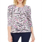 JM Collection Blusa feminina estampada com manga 3/4 e decote redondo, tamanho pequeno, branca