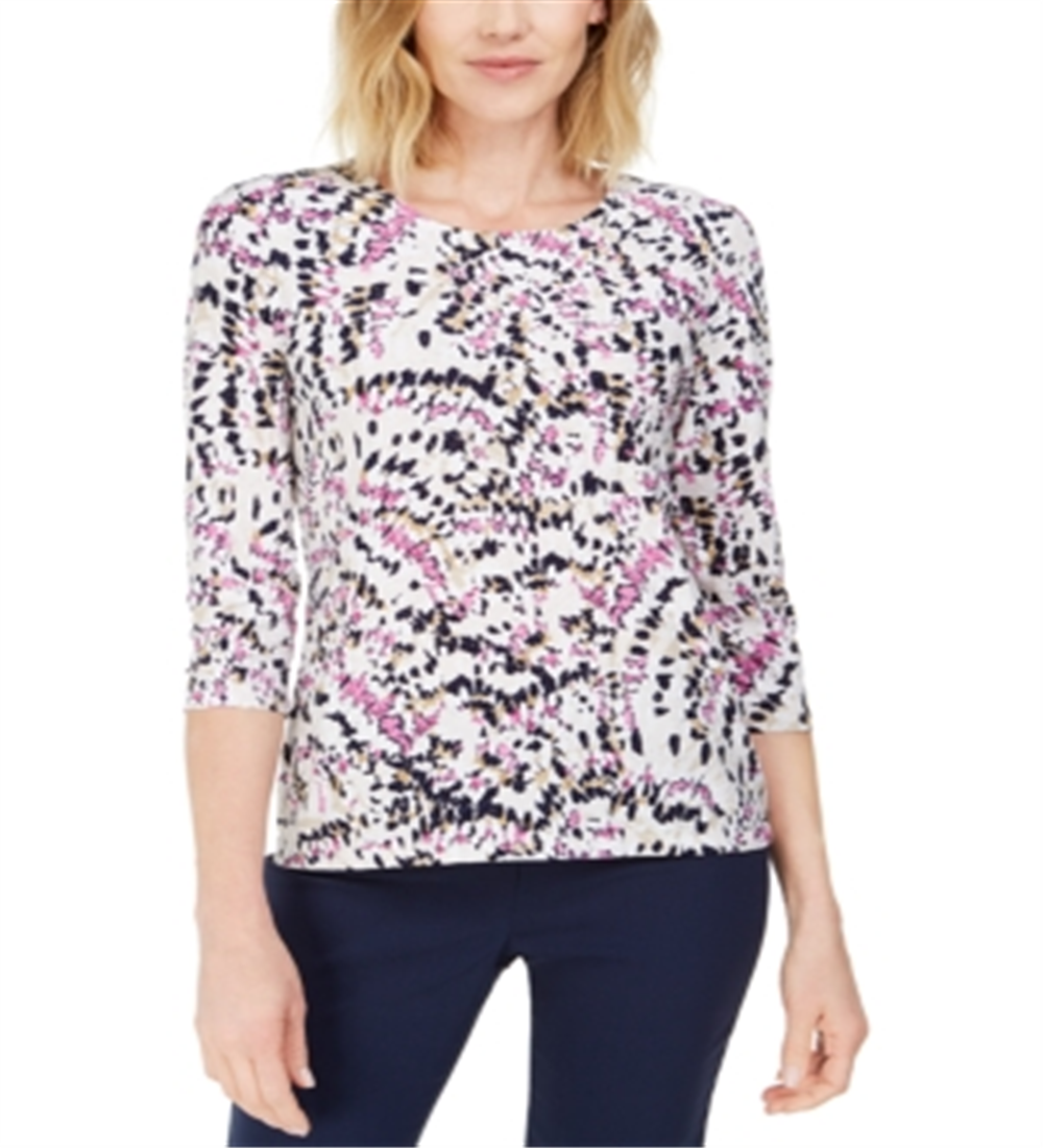 JM Collection Blusa feminina estampada com manga 3/4 e decote redondo, tamanho pequeno, branca