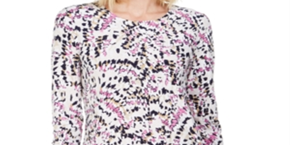 JM Collection Blusa feminina estampada com manga 3/4 e decote redondo, tamanho pequeno, branca