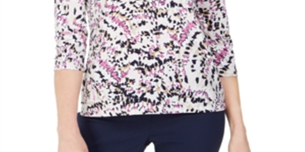JM Collection Blusa feminina estampada com manga 3/4 e decote redondo, tamanho pequeno, branca
