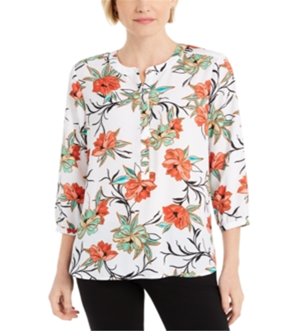 Blusa feminina estampada com manga 3/4 da coleção JM, branca, tamanho XS
