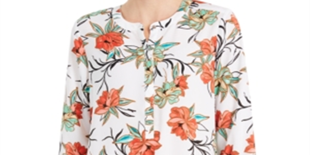 Blusa feminina estampada com manga 3/4 da coleção JM, branca, tamanho XS