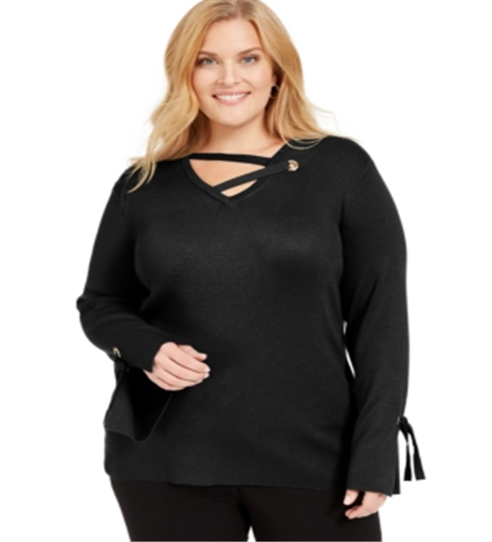 JM Collection Suéter feminino plus size com detalhes em ilhós, preto profundo, tamanho 0X