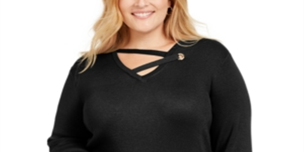 JM Collection Suéter feminino plus size com detalhes em ilhós, preto profundo, tamanho 0X