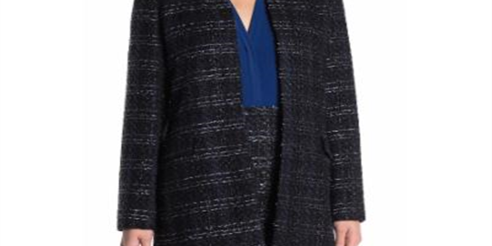 Material Girl Jaqueta longa aberta feminina de tweed metálico azul tamanho 12