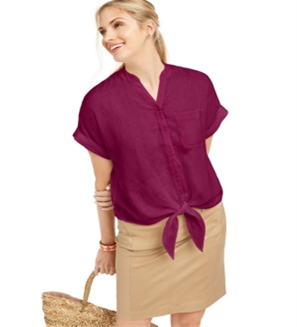 Camisa feminina Charter Club de linho com botões e amarração frontal, vermelha, tamanho grande