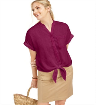 Camisa feminina Charter Club de linho com botões e amarração frontal, vermelha, tamanho grande