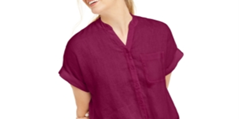Camisa feminina Charter Club de linho com botões e amarração frontal, vermelha, tamanho grande