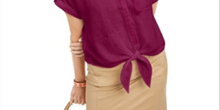 Camisa feminina Charter Club de linho com botões e amarração frontal, vermelha, tamanho grande