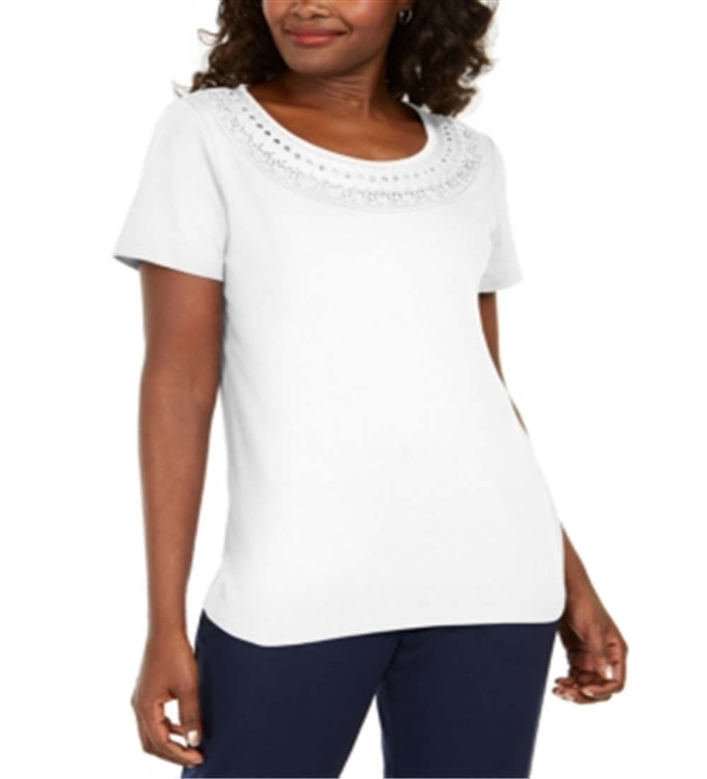 Camiseta feminina Karen Scott de algodão com acabamento em crochê, branca, tamanho 2XL