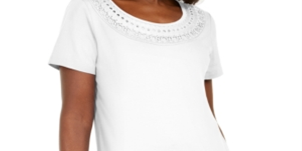 Camiseta feminina Karen Scott de algodão com acabamento em crochê, branca, tamanho 2XL