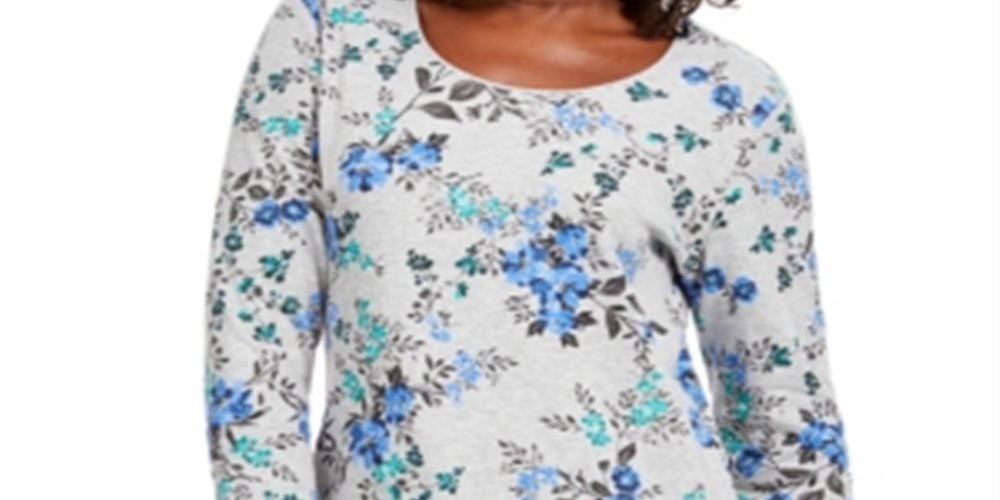 Blusa Karen Scott com estampa floral, manga 3/4, cinza fumê, tamanho P/M