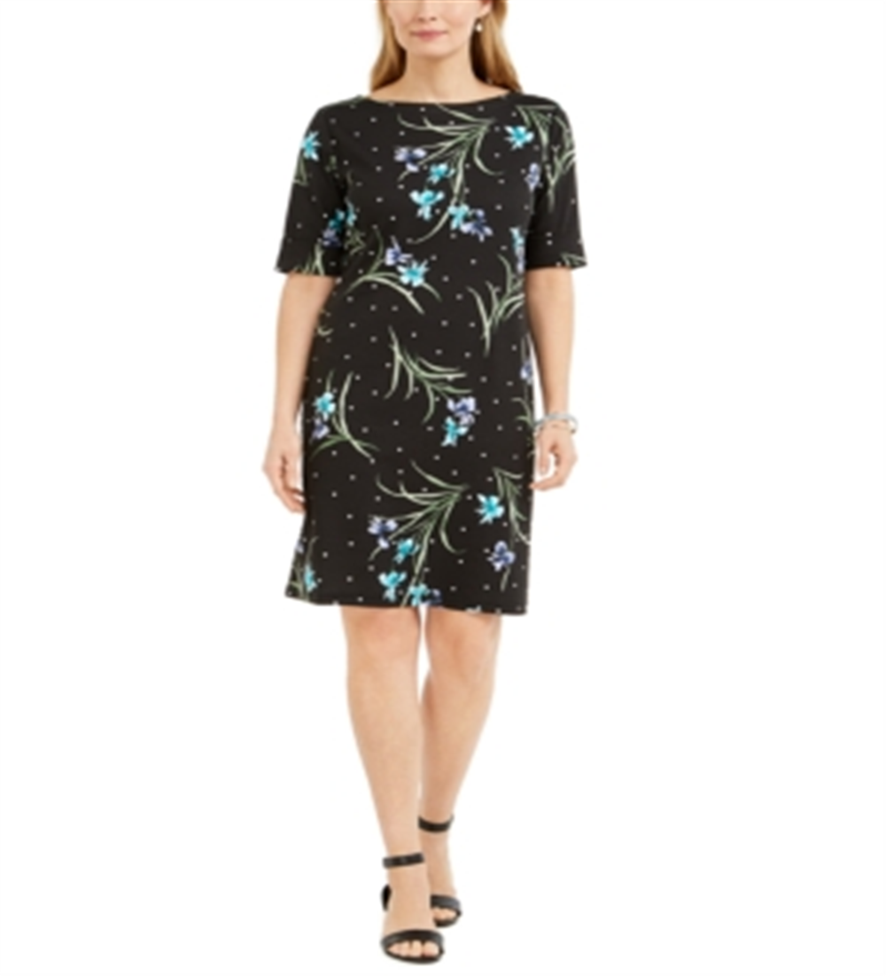 Vestido feminino estampado com decote canoa Karen Scott, preto, tamanho pequeno