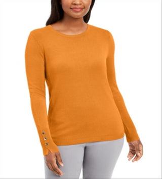 Suéter feminino JM Collection com gola redonda e punhos abotoados, laranja, tamanho grande