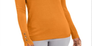 Suéter feminino JM Collection com gola redonda e punhos abotoados, laranja, tamanho grande