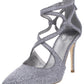 Michael Kors Catia Salto Alto Feminino Glitter Bico Fino Prata/Azul Tamanho 6