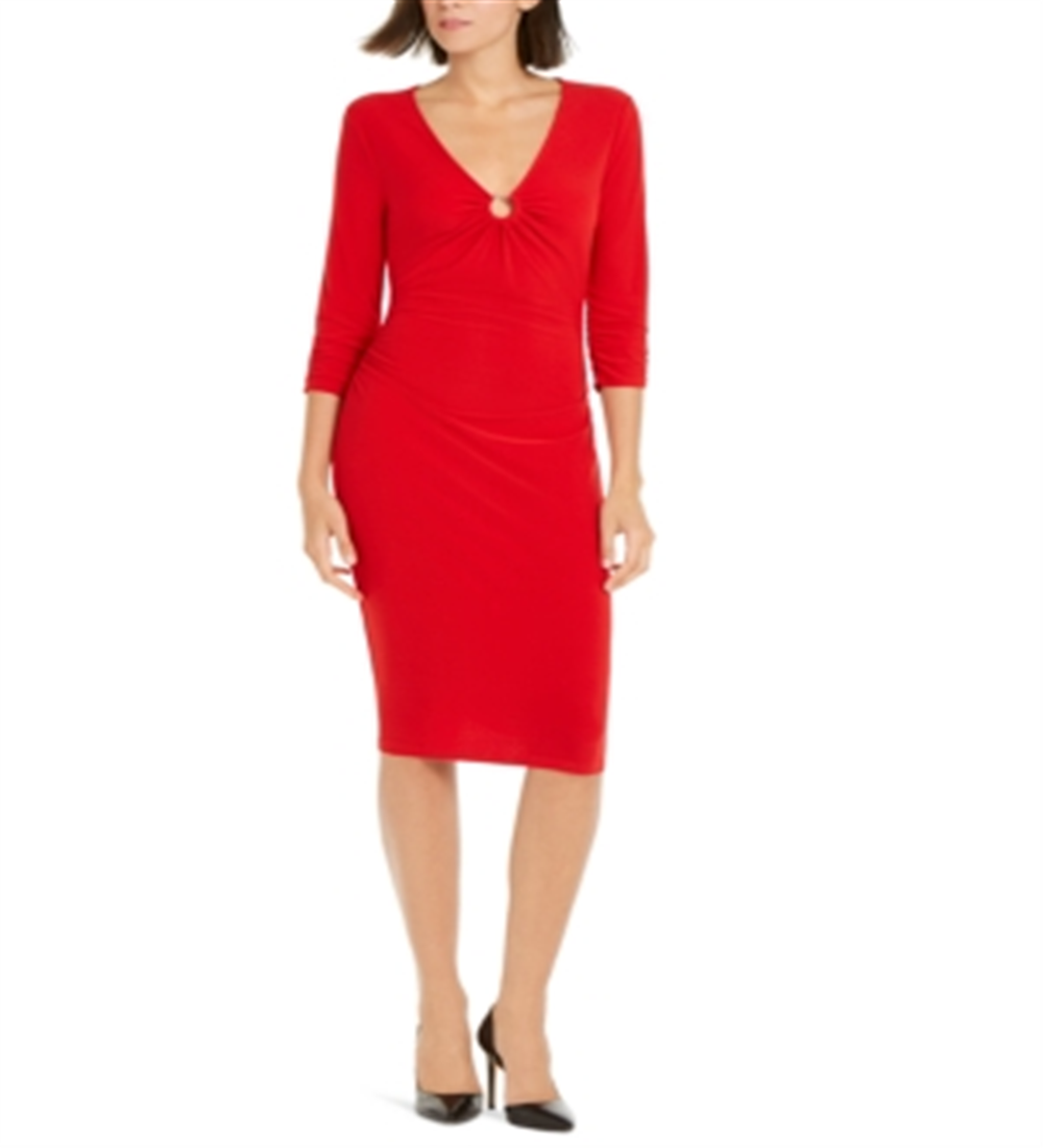Vestido feminino INC Ring-Hardware franzido MIDI vermelho tamanho pequeno