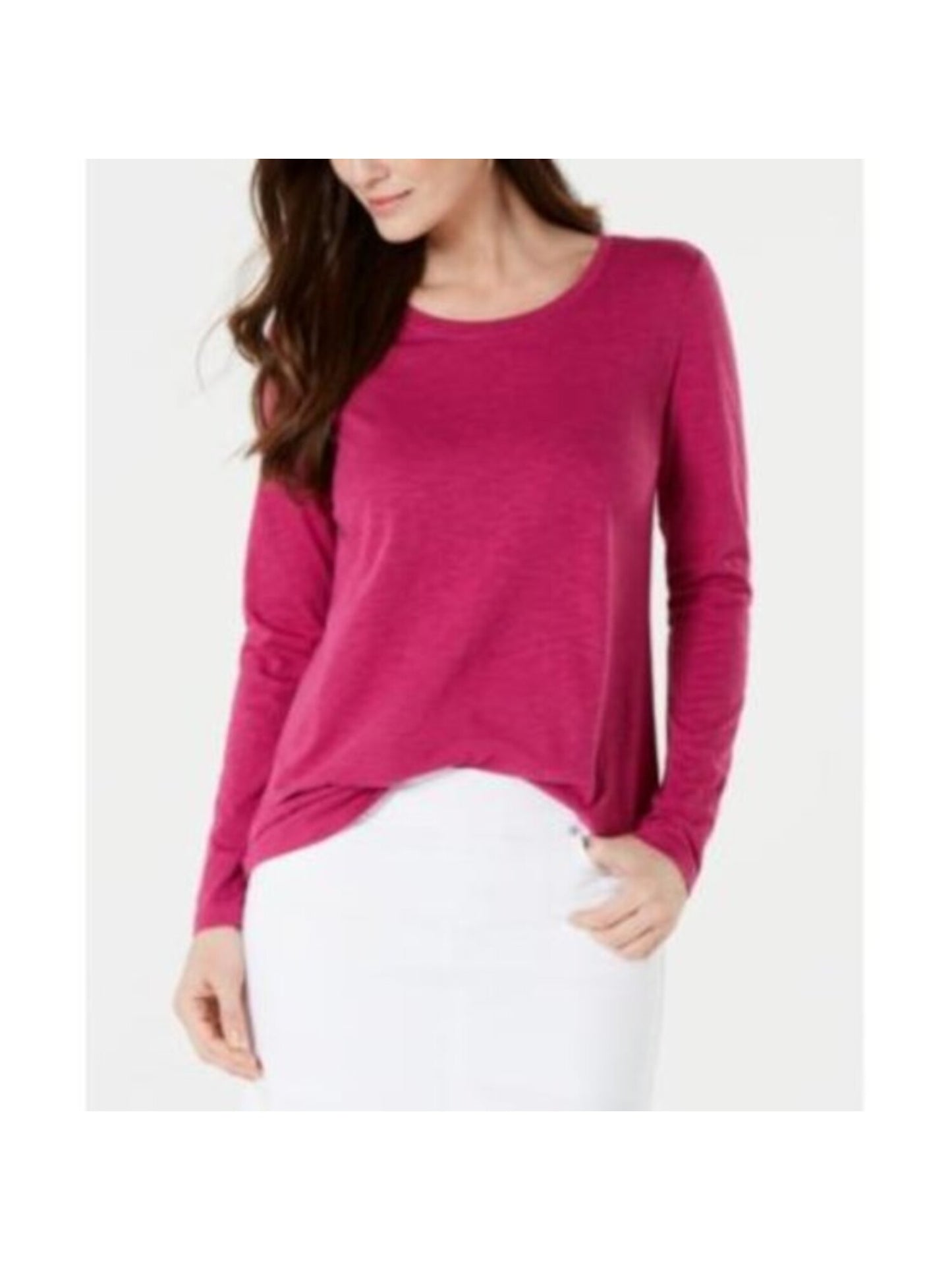 Túnica feminina elástica com frente lisa e manga comprida, gola redonda, rosa, tamanho grande, estilo &amp; CO