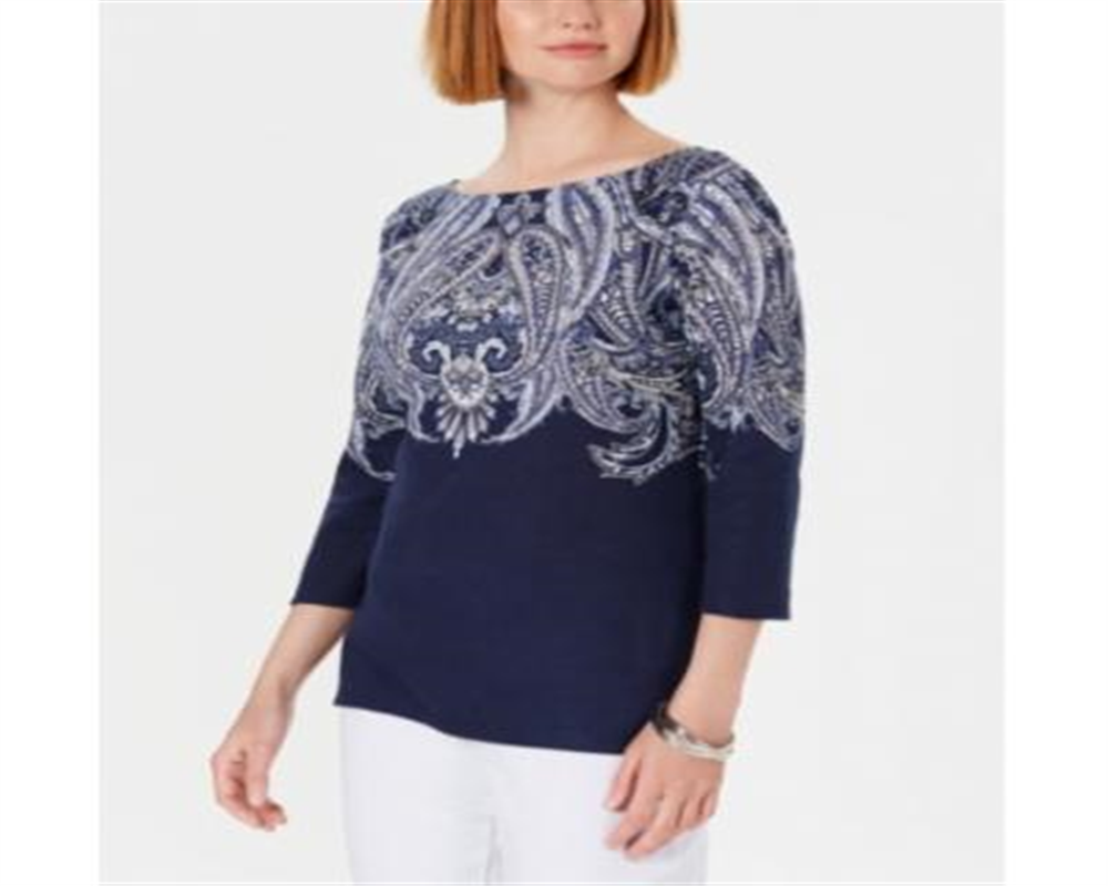 Blusa feminina Karen Scott com decote canoa e estampa paisley, azul, tamanho pequeno
