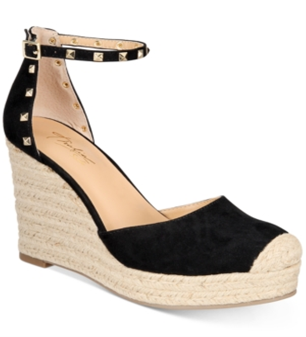 Thalia Sodi Sapatos de alpargata femininos com bico redondo e fivela, pretos, tamanho 8,5 M