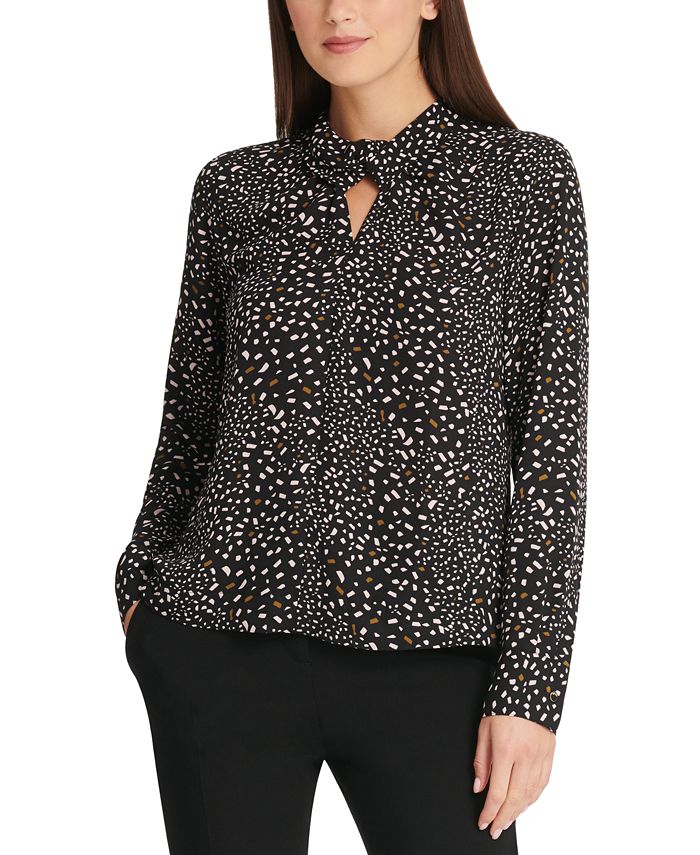 Blusa feminina DKNY com estampa de confete e gola torcida, cinza, tamanho X-S