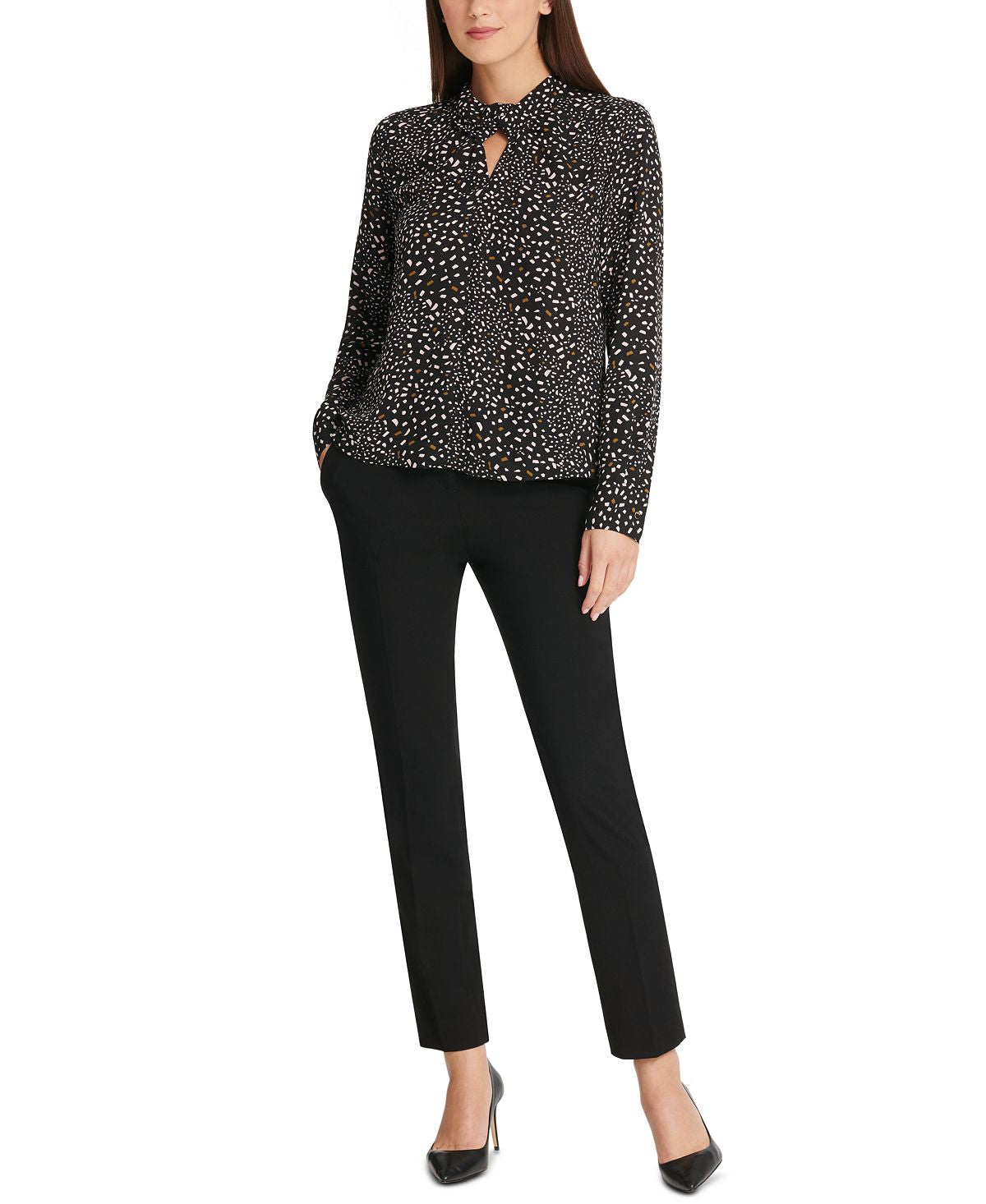 Blusa feminina DKNY com estampa de confete e gola torcida, cinza, tamanho X-S
