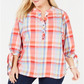 Blusas femininas Tommy Hilfiger xadrez com botões frontais e botões, tamanho XXXL, laranja