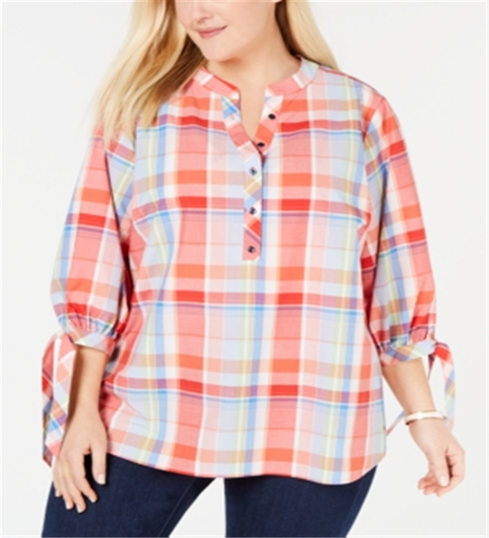 Blusas femininas Tommy Hilfiger xadrez com botões frontais e botões, tamanho XXXL, laranja