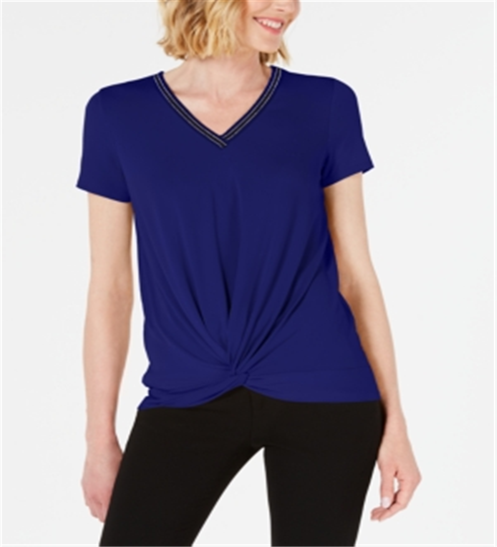JM Collection Top Feminino com Frente Torcida e Enfeites Azul Tamanho Pequeno XL