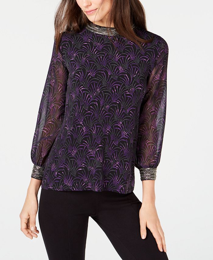 Blusa feminina Alfani com estampa e decote embelezado, preta, tamanho pequeno e pequeno