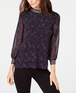 Blusa feminina Alfani com estampa e decote embelezado, preta, tamanho pequeno e pequeno