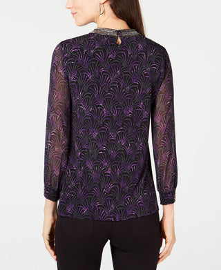 Blusa feminina Alfani com estampa e decote embelezado, preta, tamanho pequeno e pequeno