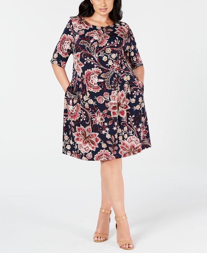 Vestido feminino floral com manga 3/4 e decote em joia, comprimento até o joelho, azul, tamanho 18W
