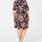 Vestido feminino floral com manga 3/4 e decote em joia, comprimento até o joelho, azul, tamanho 18W