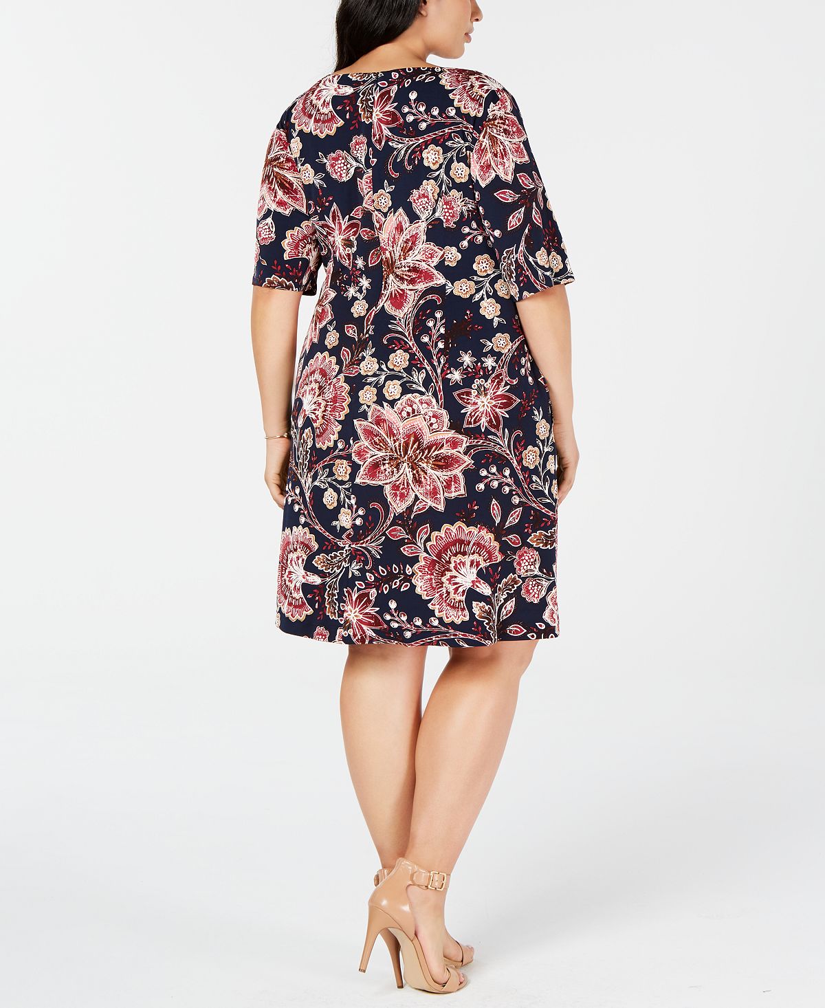 Vestido feminino floral com manga 3/4 e decote em joia, comprimento até o joelho, azul, tamanho 18W
