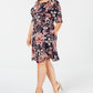 Vestido feminino floral com manga 3/4 e decote em joia, comprimento até o joelho, azul, tamanho 18W