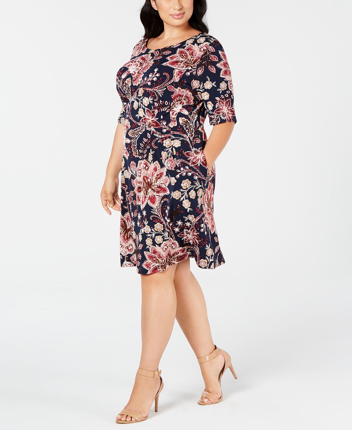 Vestido feminino floral com manga 3/4 e decote em joia, comprimento até o joelho, azul, tamanho 18W