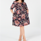 Vestido feminino floral com manga 3/4 e decote em joia, comprimento até o joelho, azul, tamanho 18W