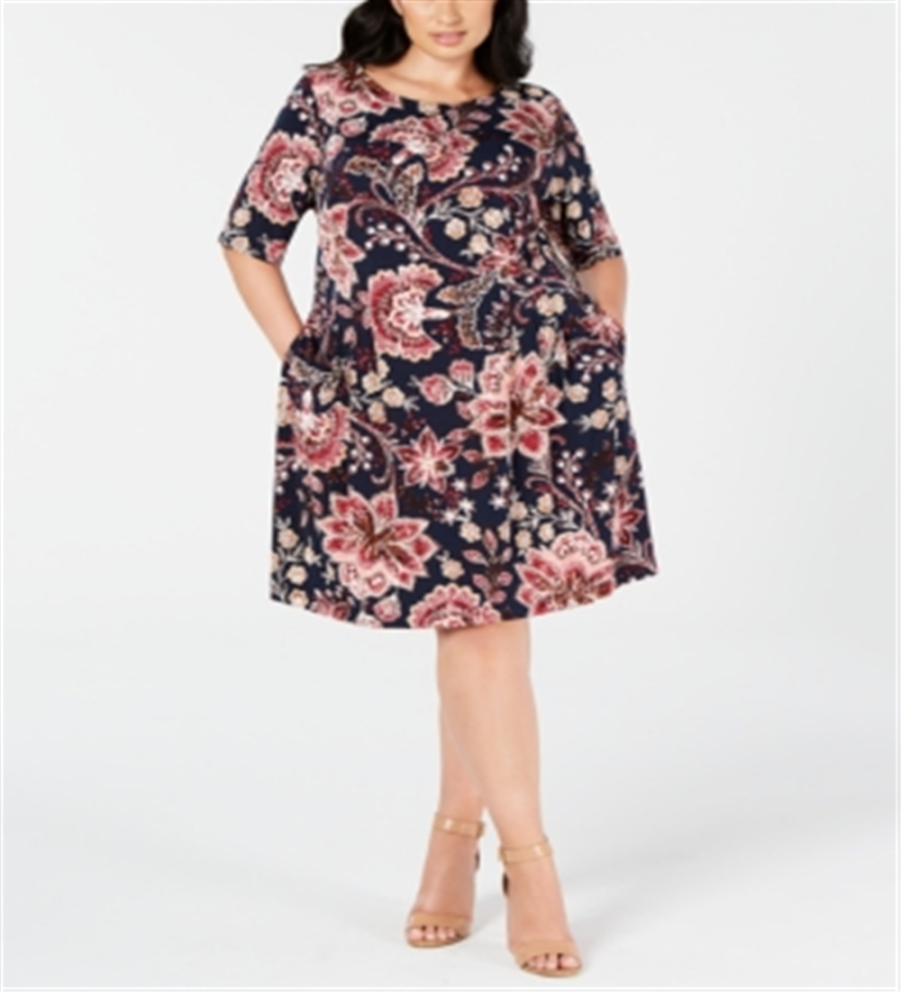 Vestido feminino floral com manga 3/4 e decote em joia, comprimento até o joelho, azul, tamanho 18W