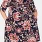 Vestido feminino floral com manga 3/4 e decote em joia, comprimento até o joelho, azul, tamanho 18W