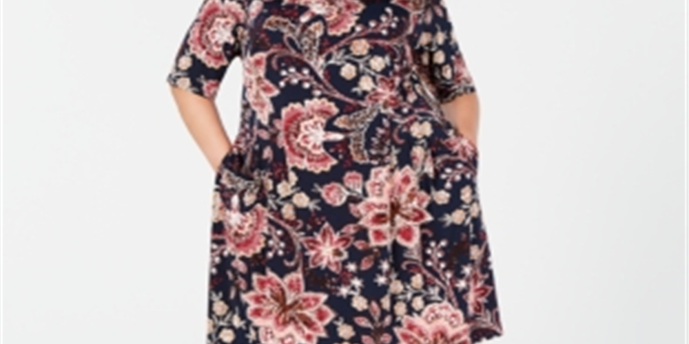Vestido feminino floral com manga 3/4 e decote em joia, comprimento até o joelho, azul, tamanho 18W