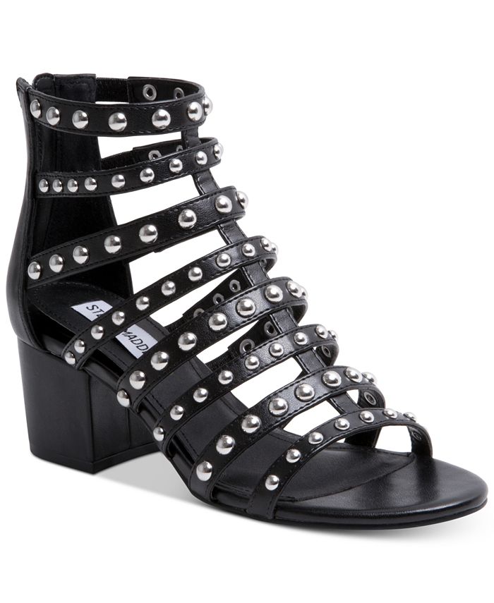 Sandália Steve Madden Mania com tiras, feminina, preta, couro multicolorido, tamanho 6 M
