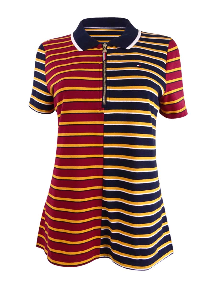 Camisa polo feminina Tommy Hilfiger Plus listrada em piquê com zíper, azul, tamanho 2X