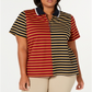 Camisa polo feminina Tommy Hilfiger Plus listrada em piquê com zíper, azul, tamanho 2X